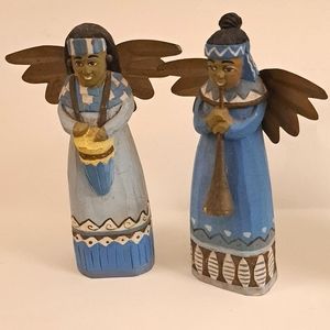 Wooden Angel Figurines Blue and Gold Handcarved & Painted Home Decor